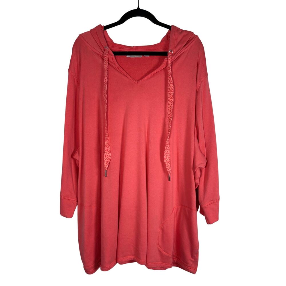 Belle Beach by Kim Gravel Coral Pink V-Neck Hoodie Tunic Sweatshirt Plus Size 4X